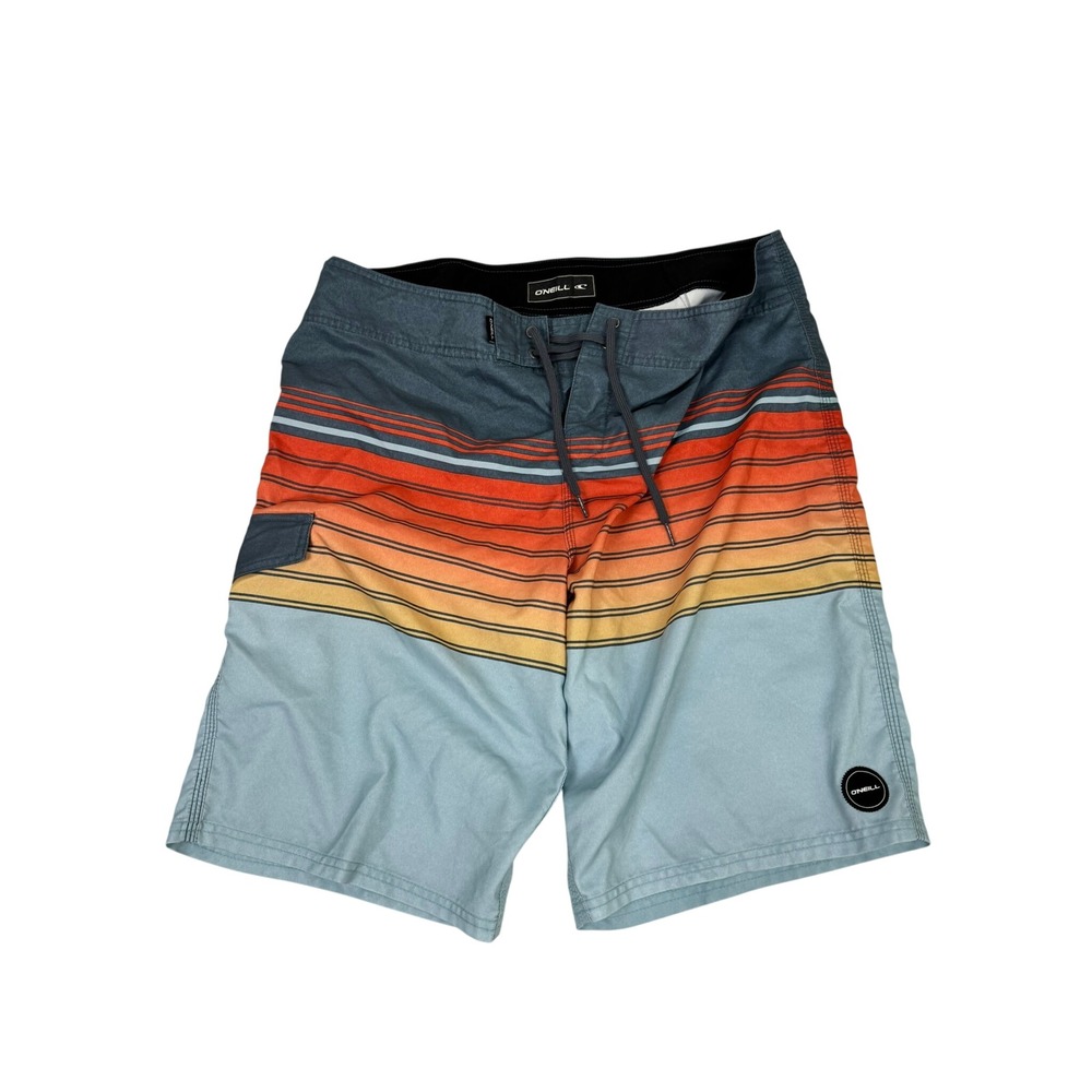O'Neill Board Shorts 36 Blue Orange Striped Surf Swim Trunks Beach Swimwear